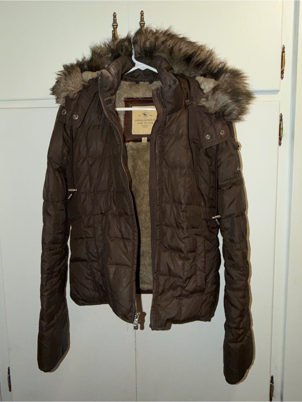 Abercrombie & Fitch Vintage Womens Brown Fur Hooded Down Puffer Jacket Y2K - Picture 13 of 15